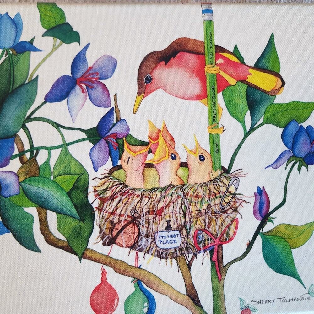 Sherry Tolman L.E. Print Mama & Baby Birds Nest 18/100 Watercolor Canvas 15x10
